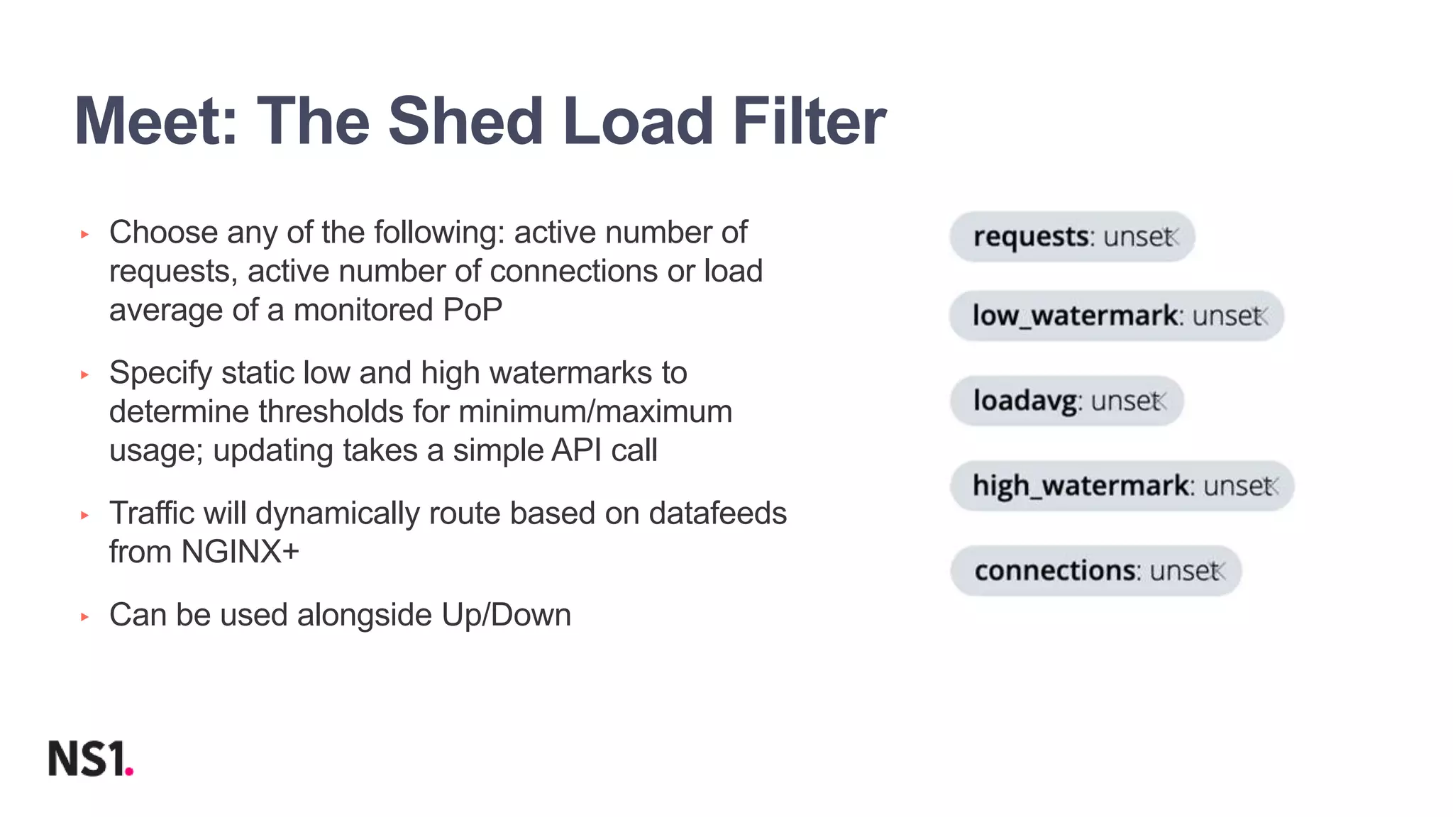 | ©2019 F515
Meet: The Shed Load Filter
▸ Choose any of the following: active number of
requests, active number of connections or load
average of a monitored PoP
▸ Specify static low and high watermarks to
determine thresholds for minimum/maximum
usage; updating takes a simple API call
▸ Traffic will dynamically route based on datafeeds
from NGINX+
▸ Can be used alongside Up/Down
 