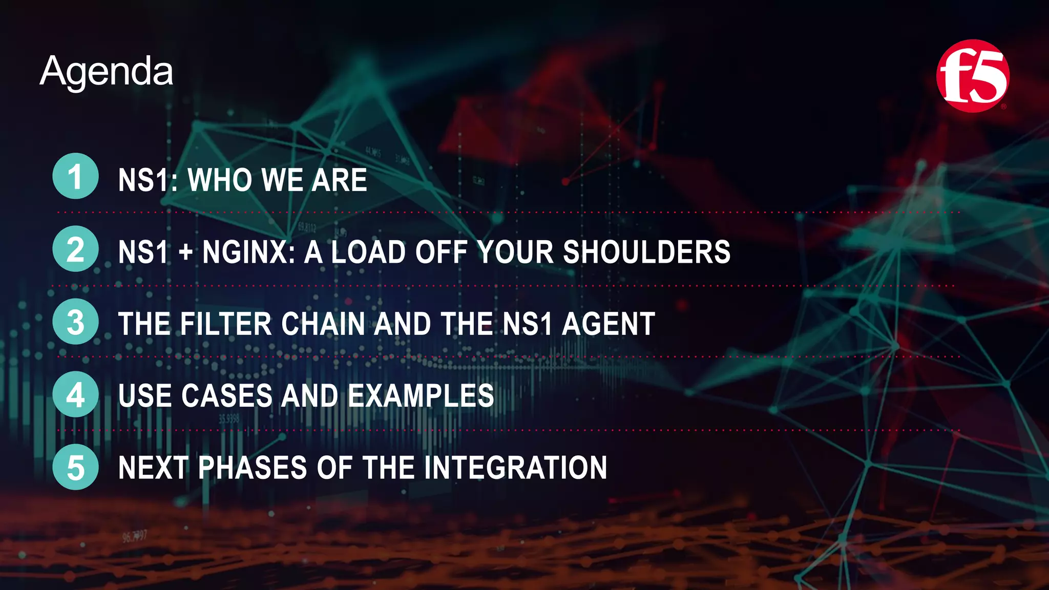Agenda
NS1: WHO WE ARE
NS1 + NGINX: A LOAD OFF YOUR SHOULDERS
THE FILTER CHAIN AND THE NS1 AGENT
USE CASES AND EXAMPLES
NEXT PHASES OF THE INTEGRATION
1
2
3
4
5
 