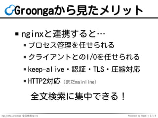 ngx_http_groonga 全文検索nginx Powered by Rabbit 2.1.9
Groongaから見たメリット
nginxと連携すると…
プロセス管理を任せられる
クライアントとのI/Oを任せられる
keep-alive・認証・TLS・圧縮対応
HTTP2対応（まだmainline）
全文検索に集中できる！
 