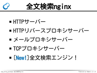 ngx_http_groonga 全文検索nginx Powered by Rabbit 2.1.9
全文検索nginx
HTTPサーバー
HTTPリバースプロキシサーバー
メールプロキシサーバー
TCPプロキシサーバー
[New!]全文検索エンジン！
 