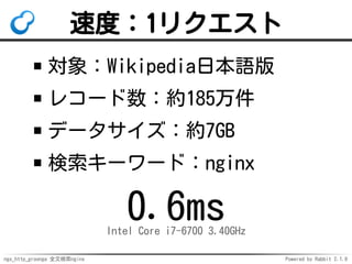 ngx_http_groonga 全文検索nginx Powered by Rabbit 2.1.9
速度：1リクエスト
対象：Wikipedia日本語版
レコード数：約185万件
データサイズ：約7GB
検索キーワード：nginx
0.6msIntel Core i7-6700 3.40GHz
 