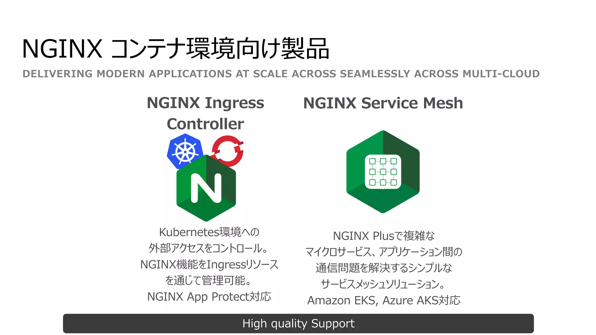 DELIVERING MODERN APPLICATIONS AT SCALE ACROSS SEAMLESSLY ACROSS MULTI-CLOUD
NGINX Service Mesh
NGINX Plusで複雑な
マイクロサービス、アプリケーション間の
通信問題を解決するシンプルな
サービスメッシュソリューション。
Amazon EKS, Azure AKS対応
NGINX Ingress
Controller
Kubernetes環境への
外部アクセスをコントロール。
NGINX機能をIngressリソース
を通じて管理可能。
NGINX App Protect対応
High quality Support
 