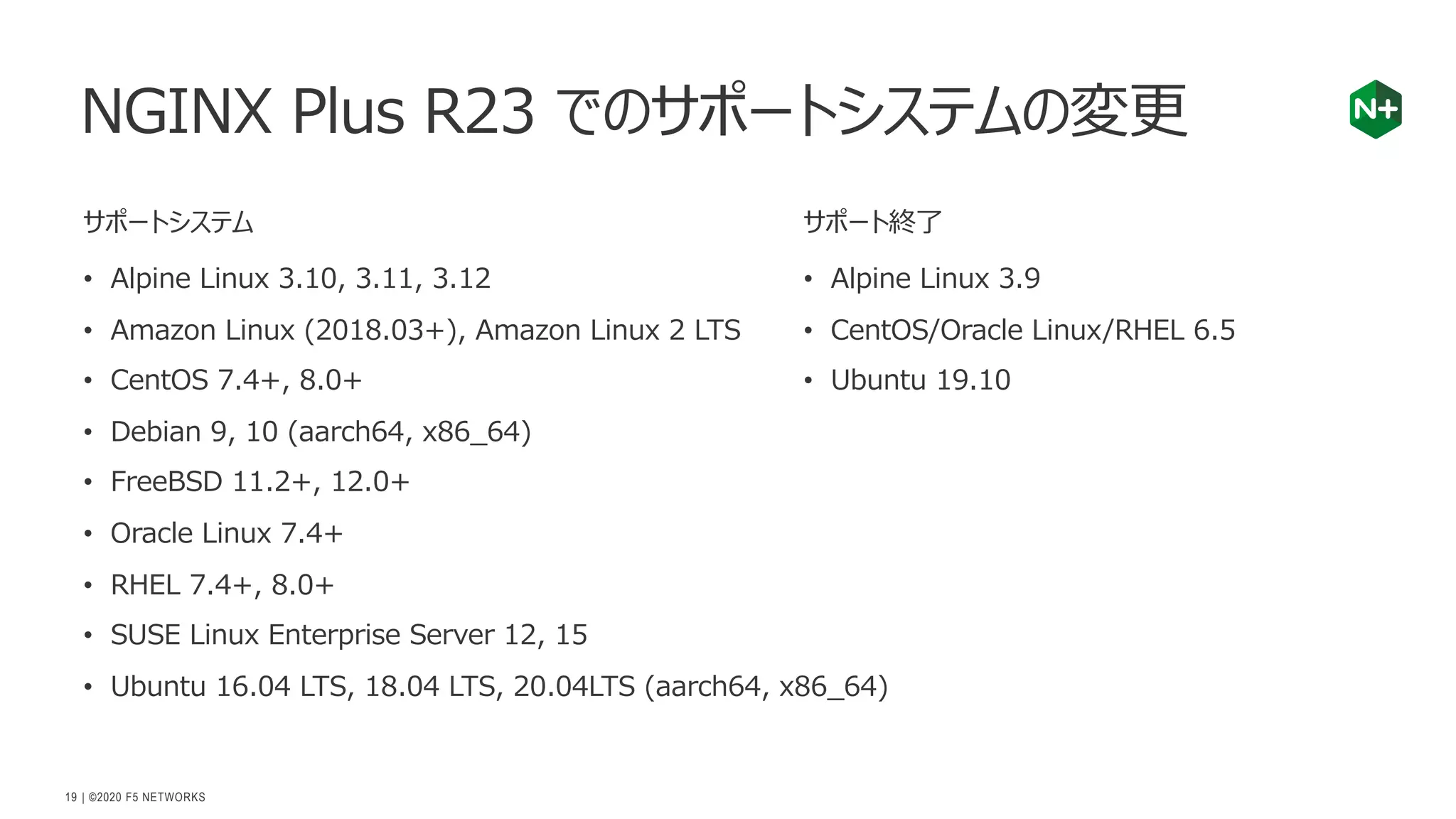 | ©2020 F5 NETWORKS
19
NGINX Plus R23 でのサポートシステムの変更
サポートシステム
• Alpine Linux 3.10, 3.11, 3.12
• Amazon Linux (2018.03+), Amazon Linux 2 LTS
• CentOS 7.4+, 8.0+
• Debian 9, 10 (aarch64, x86_64)
• FreeBSD 11.2+, 12.0+
• Oracle Linux 7.4+
• RHEL 7.4+, 8.0+
• SUSE Linux Enterprise Server 12, 15
• Ubuntu 16.04 LTS, 18.04 LTS, 20.04LTS (aarch64, x86_64)
サポート終了
• Alpine Linux 3.9
• CentOS/Oracle Linux/RHEL 6.5
• Ubuntu 19.10
 