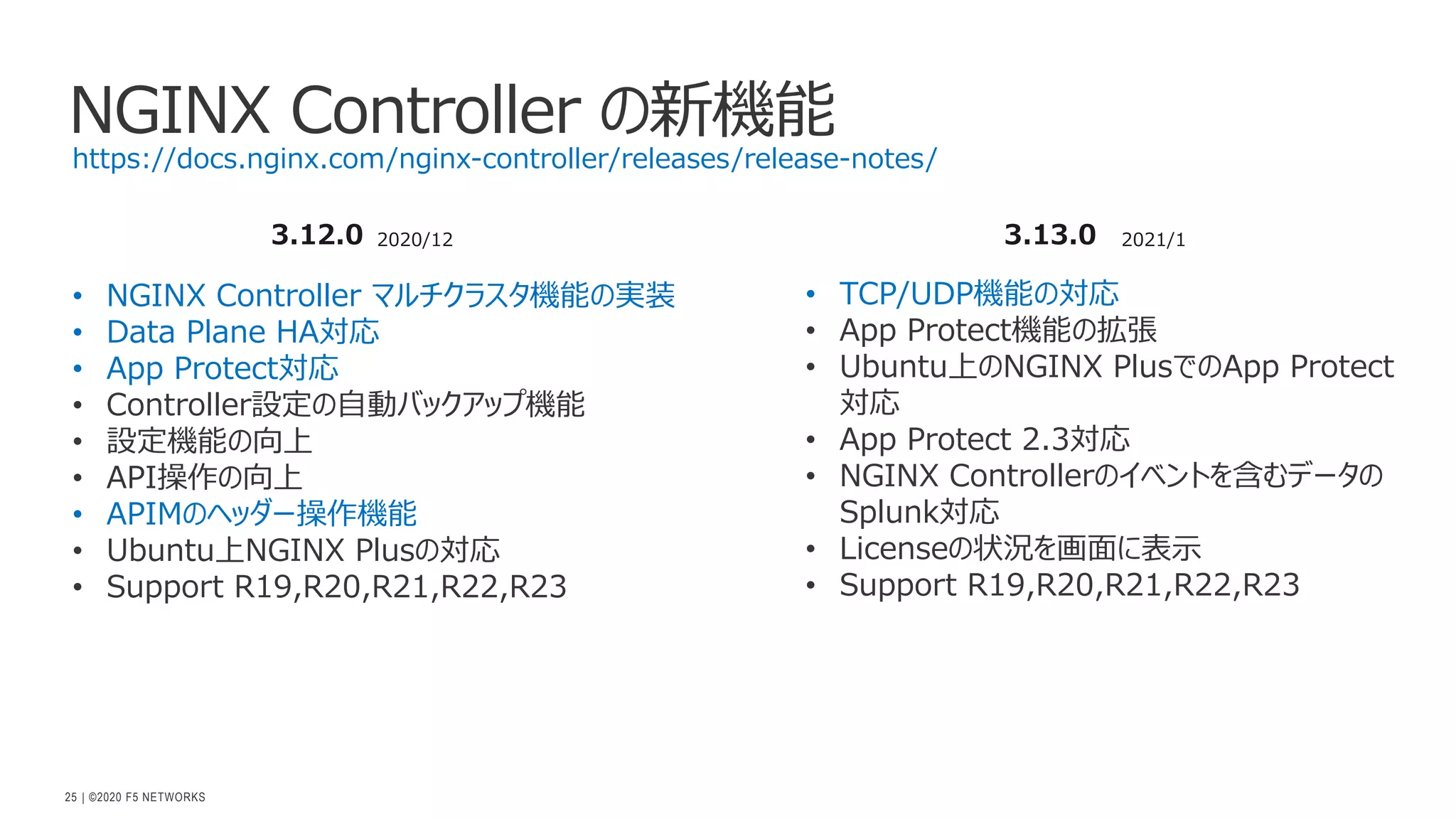 | ©2020 F5 NETWORKS
25
NGINX Controller の新機能
https://docs.nginx.com/nginx-controller/releases/release-notes/
3.12.0
• NGINX Controller マルチクラスタ機能の実装
• Data Plane HA対応
• App Protect対応
• Controller設定の⾃動バックアップ機能
• 設定機能の向上
• API操作の向上
• APIMのヘッダー操作機能
• Ubuntu上NGINX Plusの対応
• Support R19,R20,R21,R22,R23
2020/12 3.13.0
• TCP/UDP機能の対応
• App Protect機能の拡張
• Ubuntu上のNGINX PlusでのApp Protect
対応
• App Protect 2.3対応
• NGINX Controllerのイベントを含むデータの
Splunk対応
• Licenseの状況を画⾯に表⽰
• Support R19,R20,R21,R22,R23
2021/1
 