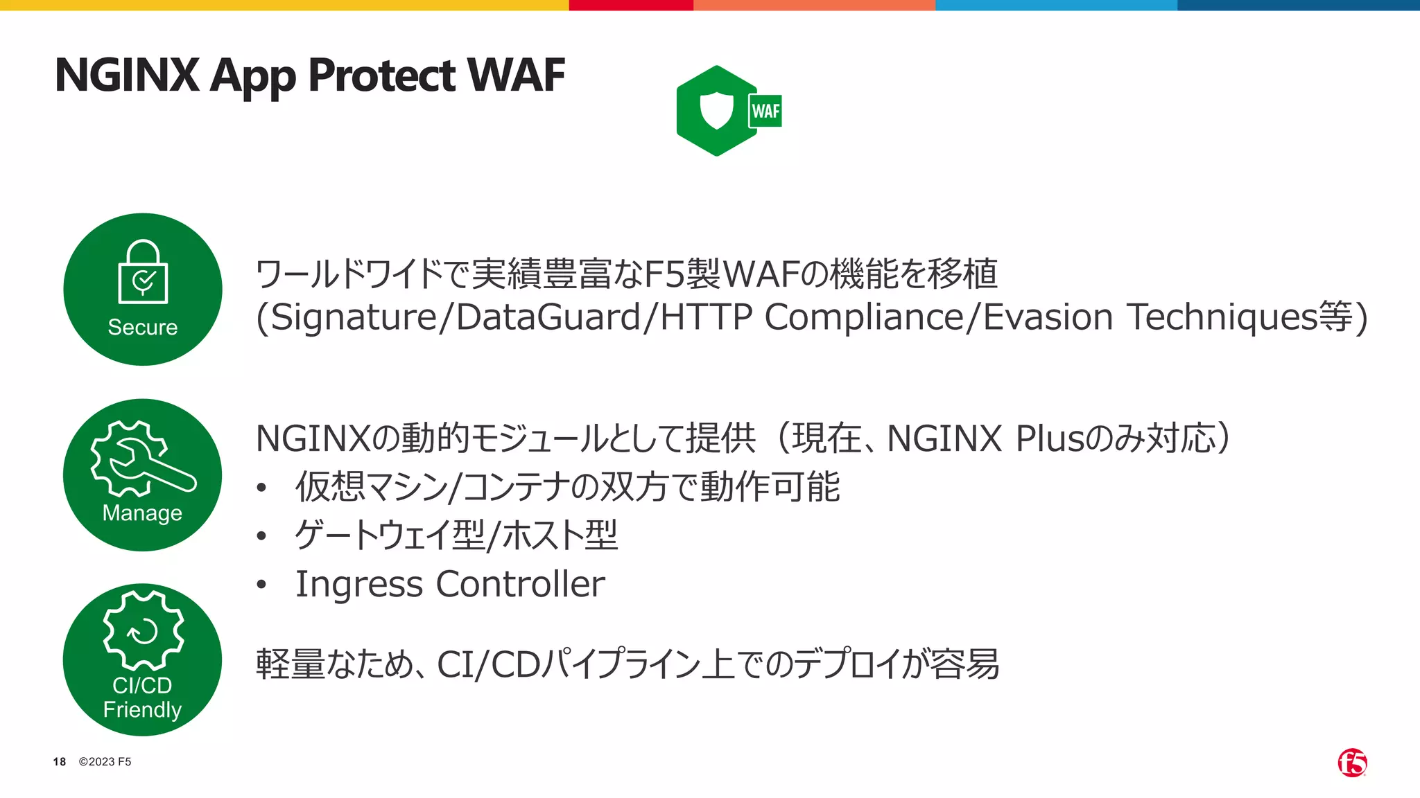 ©2023 F5
18
NGINX App Protect WAF
ワールドワイドで実績豊富なF5製WAFの機能を移植
(Signature/DataGuard/HTTP Compliance/Evasion Techniques等)
Secure
Manage
CI/CD
Friendly
NGINXの動的モジュールとして提供（現在、NGINX Plusのみ対応）
• 仮想マシン/コンテナの双方で動作可能
• ゲートウェイ型/ホスト型
• Ingress Controller
軽量なため、CI/CDパイプライン上でのデプロイが容易
 