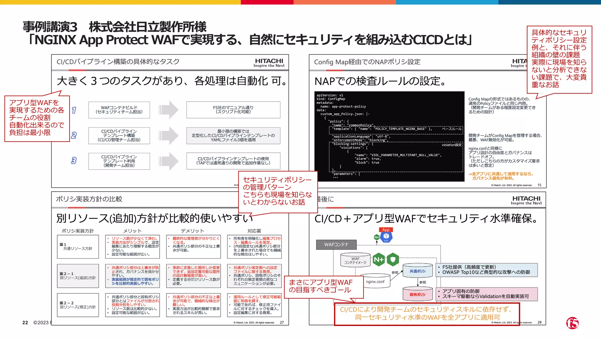 ©2023 F5
22
事例講演3 株式会社日立製作所様
「NGINX App Protect WAFで実現する、自然にセキュリティを組み込むCICDとは」
アプリ型WAFを
実現するための各
チームの役割
自動化出来るので
負担は最小限
具体的なセキュリ
ティポリシー設定
例と、それに伴う
組織の壁の課題
実際に現場を知ら
ないと分析できな
い課題で、大変貴
重なお話
セキュリティポリシー
の管理パターン
こちらも現場を知らな
いとわからないお話
まさにアプリ型WAF
の目指すべきゴール
 