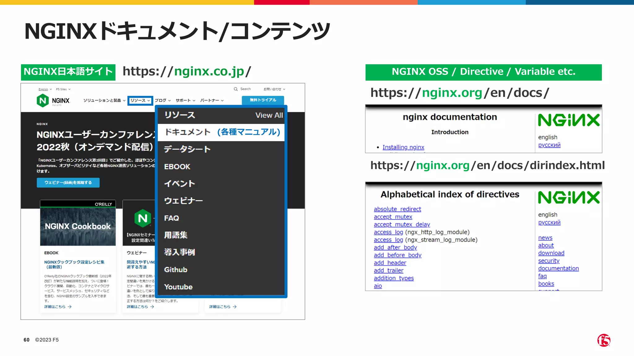 ©2023 F5
60
NGINXドキュメント/コンテンツ
https://nginx.co.jp/
NGINX日本語サイト
https://nginx.org/en/docs/
https://nginx.org/en/docs/dirindex.html
NGINX OSS / Directive / Variable etc.
(各種マニュアル)
 