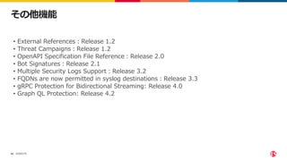 ©2023 F5
43
その他機能
• External References：Release 1.2
• Threat Campaigns：Release 1.2
• OpenAPI Specification File Reference：Release 2.0
• Bot Signatures：Release 2.1
• Multiple Security Logs Support：Release 3.2
• FQDNs are now permitted in syslog destinations：Release 3.3
• gRPC Protection for Bidirectional Streaming: Release 4.0
• Graph QL Protection: Release 4.2
 