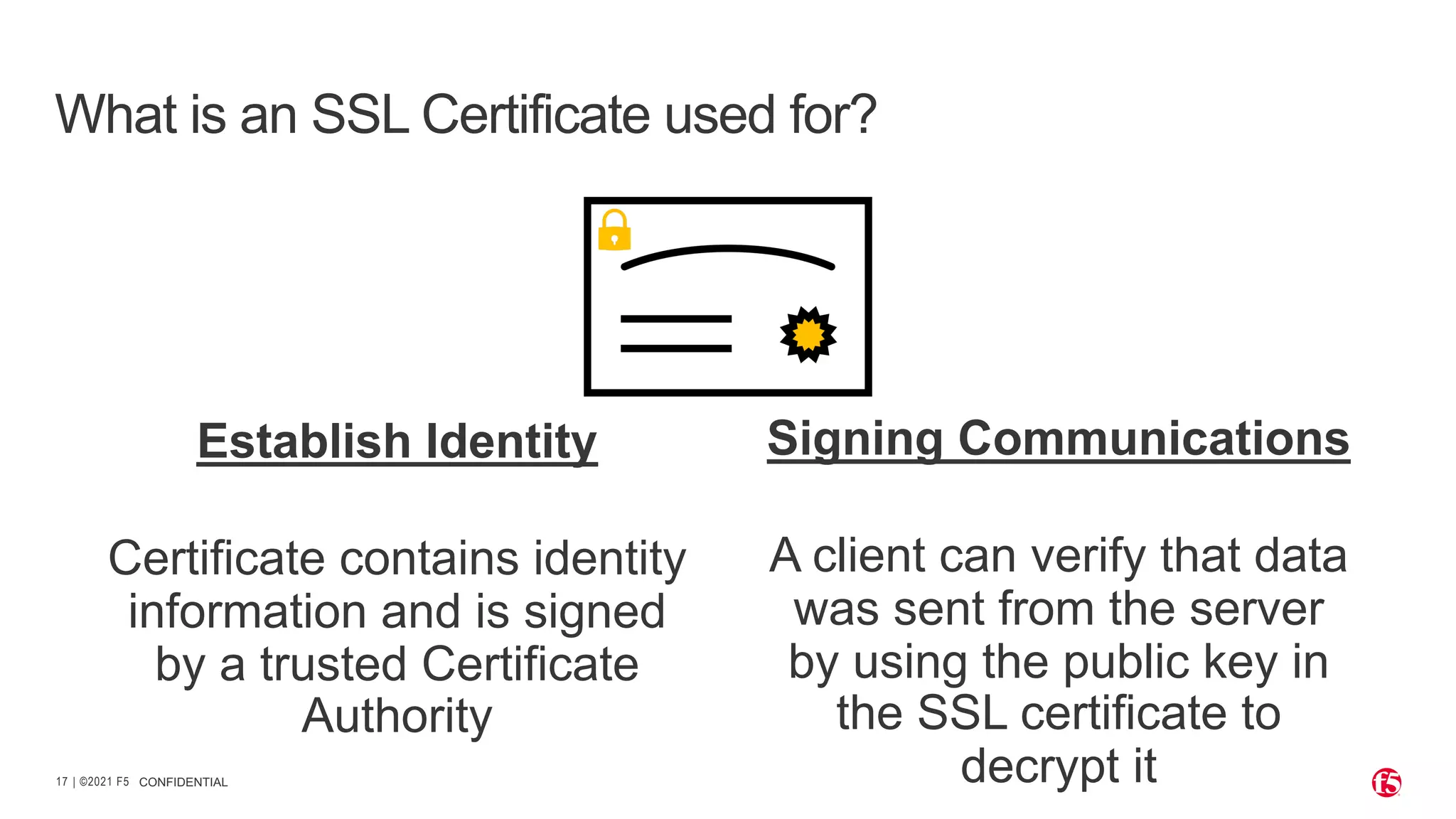 | ©2021 F5 17 CONFIDENTIAL What is an SSL Certificate used for? Establish Identity Certificate contains identity information and is signed by a trusted Certificate Authority Signing Communications A client can verify that data was sent from the server by using the public key in the SSL certificate to decrypt it 
