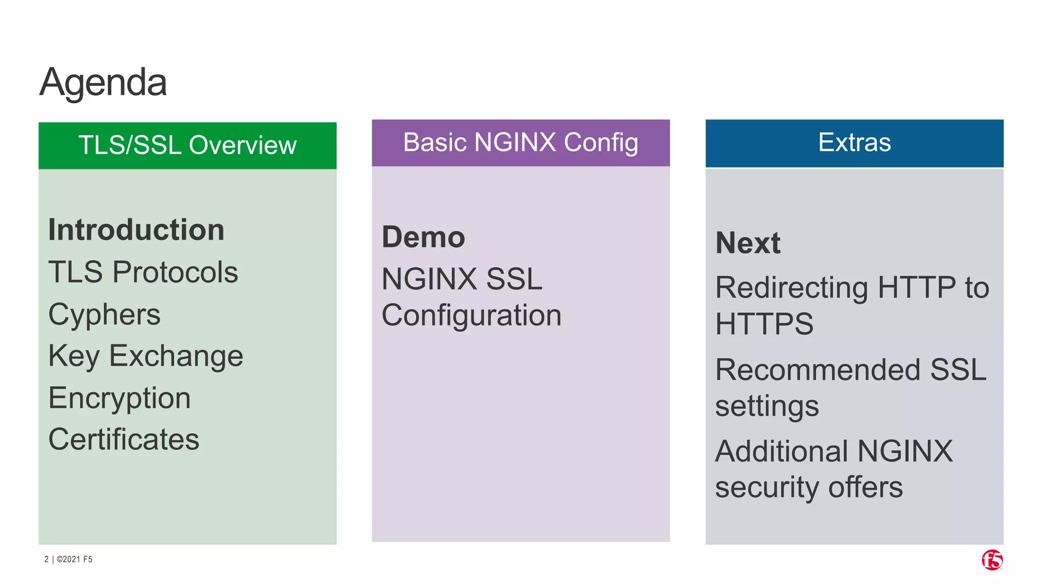 | ©2021 F5 2 Agenda TLS/SSL Overview Introduction TLS Protocols Cyphers Key Exchange Encryption Certificates Basic NGINX Config Demo NGINX SSL Configuration Extras Next Redirecting HTTP to HTTPS Recommended SSL settings Additional NGINX security offers 