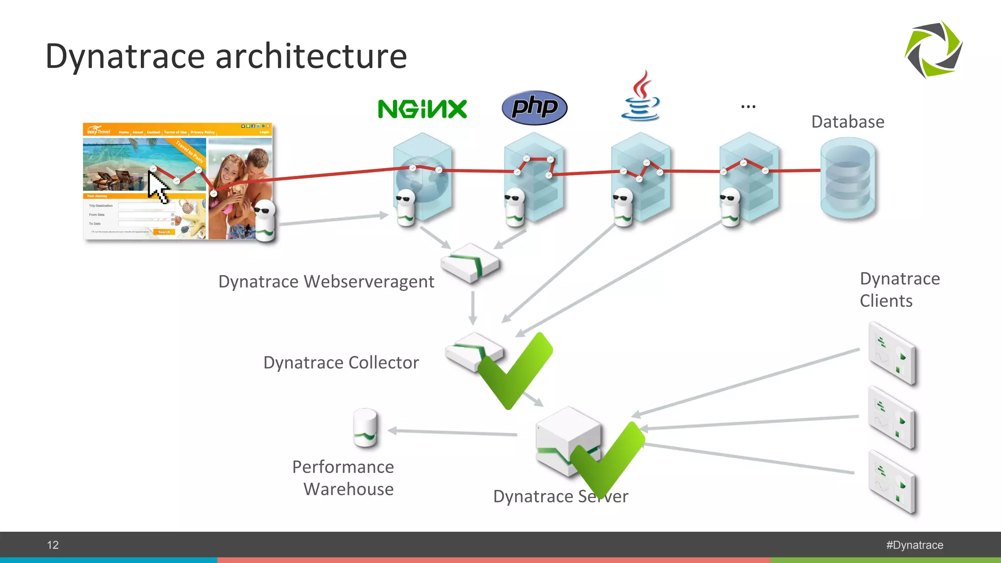 Dynatrace architecture Database Dynatrace Webserveragent Dynatrace Collector Performance Warehouse Dynatrace Server Dynatrace Clients … COMPANY CONFIDENTIAL 12 – DO NOT DISTRIBUTE #Dynatrace 