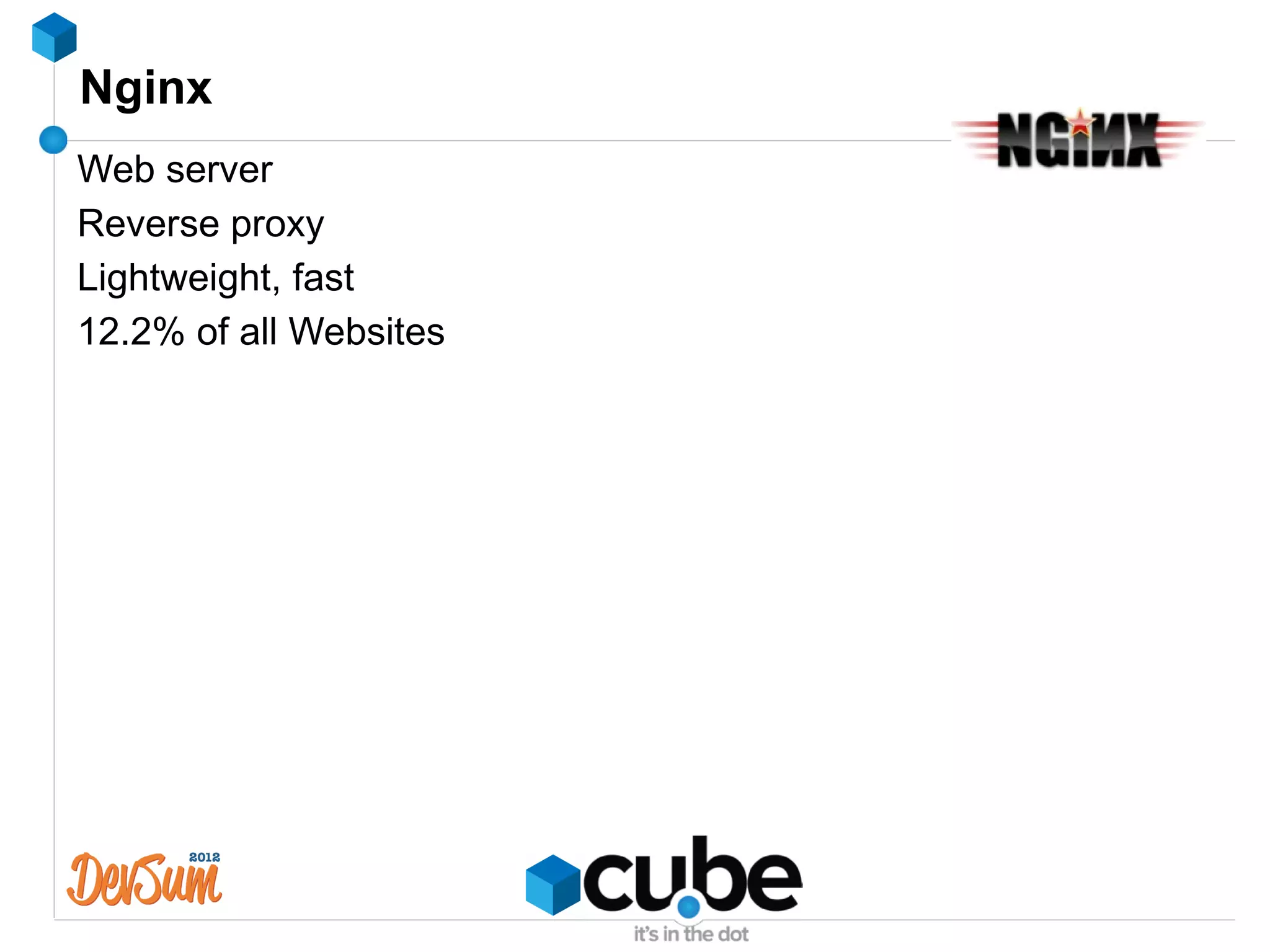 Nginx
Web server
Reverse proxy
Lightweight, fast
12.2% of all Websites
 