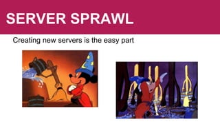 SERVER SPRAWL
Creating new servers is the easy part
 