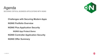 | ©2020 F52
SECURING CRITICAL BUSINESS APPLICATIONS WITH NGINX
Agenda
Challenges with Securing Modern Apps
NGINX Portfolio Overview
NGINX Plus Application Security
NGINX App Protect Demo
NGINX Controller Application Security
NGINX Offer Summary
 