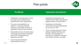 | ©2020 F55
Application DevelopmentThe Market
• Proliferation of architectures, cloud,
and open source software has
expanded the risk to applications
• The same vulnerabilities (e.g.
injection, cross-site scripting)
continue to exist after 20 years of
application security best practices
• Organizations lack consistent policy
to manage the growing complexity
and risk of managing/tuning
application security
• cost of security breaches --
downtime/lost revenue
• Application development has
transformed to agile while security
largely remains a manual effort
• Developers and DevOps
outnumber security professionals
by as much as 100:1
• Time to market pressure, friction
between AppDev/DevOps and
SecOps, and perception of
security as a bottleneck results in
poor testing, process, oversight
Pain points
 