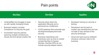 | ©2020 F56
DevOpsSecOps AppDev
• Understaffed and struggle to keep
up with rapidly changing threats
• Business leaders consider
Compliance Vs Security the goal
• Inconsistent security policies
spanning multiple architectures,
clouds and tool sprawl creates risk
• Security slows down the
application lifecycle and is
perceived as a bottleneck
• CI/CD pipelines that automate app
development/deployment lack
security
• Business imperatives and
incentives such as time to market
compel DevOps to bypass
SecOps. DevOps KPIs do not
include security-related metrics
• Developer training on security is
lacking
• Developers are focused on
modern app development and are
not able to stay abreast of the
security landscape
• Cloud and open-source software
introduce unknown risks to the
business
Pain points
 