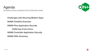 | ©2020 F52
SECURING CRITICAL BUSINESS APPLICATIONS WITH NGINX
Agenda
Challenges with Securing Modern Apps
NGINX Portfolio...