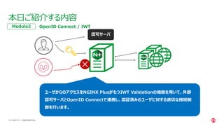 | ©2021 F5
19
本日ご紹介する内容
CONFIDENTIAL
OpenID Connect / JWT
Module2
ユーザからのアクセスをNGINX PlusがもつJWT Validationの機能を用いて、外部
認可サーバとOpenID Connectで連携し、認証済みのユーザに対する適切な接続制
御を行います。
認可サーバ
 