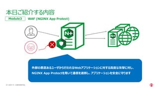 | ©2021 F5
20
本日ご紹介する内容
CONFIDENTIAL
WAF (NGINX App Protect)
Module3
外部の悪意あるユーザから行われるWebアプリケーションに対する高度な攻撃に対し、
NGINX App Protectを用いて通信を遮断し、アプリケーションを安全に守ります
 