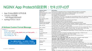 | ©2021 F5
56
"content": {
"format": "user-defined",
"format_string": "client_ip=%ip_client%,client_port=%src_port%,…..",
"max_request_size": "any",
"max_message_size": "5k" }
Attribute Name Description
attack_type A list of comma separated names of suspected attacks identified in a transaction.
blocking_exception_reason The blocking exception reason when a configured violation was not blocked.
bot_anomalies Comma-separated list of anomalies that were detected.
bot_category The category of the detected bot.
client_class
The classification of the client. It can have one of the following values: N/A, Suspicious Browser,
Bot, Untrusted Bot. If the client is classified as standard browser, then the value is N/A.
bot_signature_name The name of the detected bot.
date_time The date and time the request was received by App Protect.
dest_port The port assigned to listen to incoming requests.
enforced_bot_anomalies Comma-separated list of anomalies that caused the request to be blocked.
request_body_base64 The body of the request (if exists) encoded in Base64. Suitable for binary content.
grpc_service
The service name of the gRPC request (derived from the URI). Applicable only to requests that a
Content Profile. The value is N/A in other cases.
grpc_method
The method name of the gRPC request (derived from the URI). Not to be confused with ‘http_me
requests that are processed by a gRPC Content Profile. The value is N/A in other cases.
headers The headers part of the request including the query string but not the body.
ip_client
The source IP of the client initiating the request Note: if a proxy is being used, this may differ from
forwarded-for header.
is_truncated_bool A flag that returns true if a request is truncated in the security logs, or false if it is not.
method The method of request. For example, GET, POST, HEAD.
outcome
•One of the following:PASSED: the request was sent to the backend server.
•REJECTED: the request was blocked.
outcome_reason
•One of the following:SECURITY_WAF_OK: allowed with no violations (legal request).
•SECURITY_WAF_VIOLATION: blocked due to security violations.
•SECURITY_WAF_FLAGGED: allowed, although it has violations (illegal).
policy_name The name of the App Protect policy for which the violation was triggered.
protocol The protocol used, either HTTP or HTTPS if terminating SSL on App Protect.
request
The entire request including headers, query string, and data in its original encoding. If the reques
or uses text encoding that the log destination does not support, then this field may not be render
cases we recommend using the request_body_base64 and headers fields instead.
request_status
•The status of client request made to Web Application as assigned by the App Protect policy. Th
are:blocked: The request was blocked due to a violation encountered. A blocking response pag
client.
•alerted: The request contains violation(s) but is not blocked (typical in cases where the enforce
NGINX App Protectの設定例：セキュリティログ
CONFIDENTIAL
A Verbose Custom Format Message
「%<属性の名称＞%」を用いて自由に
セキュリティログへ情報を出力することが可能
• App Protect独自にログを生成
• フィルタリングが可能
（all/illegal/blocked）
• syslog(TCP)にて出力
 