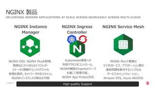 | ©2021 F5
8
DELIVERING MODERN APPLICATIONS AT SCALE ACROSS SEAMLESSLY ACROSS MULTI-CLOUD
NGINX 製品
NGINX Service Mesh
NGINX Plusで複雑な
マイクロサービス、アプリケーション間の
通信問題を解決するシンプルな
サービスメッシュソリューション。
Amazon EKS, Azure AKS対応
NGINX Ingress
Controller
Kubernetes環境への
外部アクセスをコントロール。
NGINX機能をIngressリソース
を通じて管理可能。
NGINX App Protect対応
High quality Support
NGINX Instance
Manager
NGINX OSS、NGINX Plusを管理。
簡易なヒストリカルなトラフィック・
ステータス情報やコンフィグファイル
管理を提供。ネットワーク内をスキャンし
NGINXインスタンスの検出も可能
 