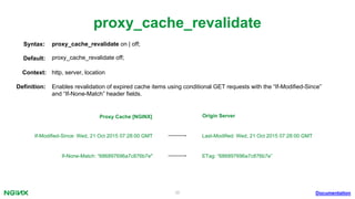 36
proxy_cache_revalidate
Documentation
proxy_cache_revalidate on | off;Syntax:
Default: proxy_cache_revalidate off;
Context: http, server, location
Deﬁnition: Enables revalidation of expired cache items using conditional GET requests with the “If-Modiﬁed-Since”
and “If-None-Match” header ﬁelds.
Last-Modiﬁed: Wed, 21 Oct 2015 07:28:00 GMTIf-Modiﬁed-Since: Wed, 21 Oct 2015 07:28:00 GMT
ETag: “686897696a7c876b7e”If-None-Match: “686897696a7c876b7e"
Proxy Cache [NGINX] Origin Server
 