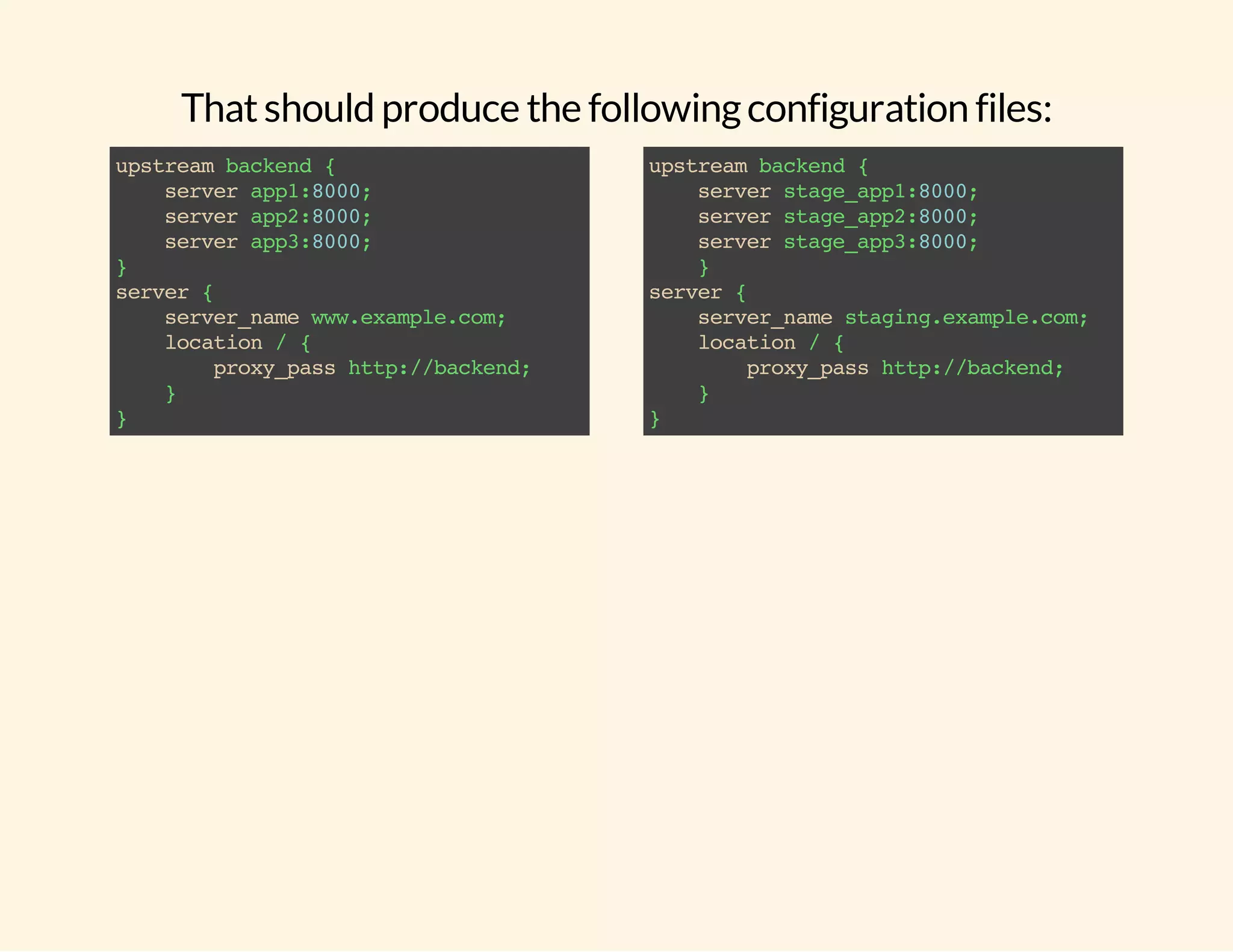 That should produce the following configuration files: upstream backend { server app1:8000; server app2:8000; server app3:8000; } server { server_name www.example.com; location / { proxy_pass http://backend; } } upstream backend { server stage_app1:8000; server stage_app2:8000; server stage_app3:8000; } server { server_name staging.example.com; location / { proxy_pass http://backend; } } 