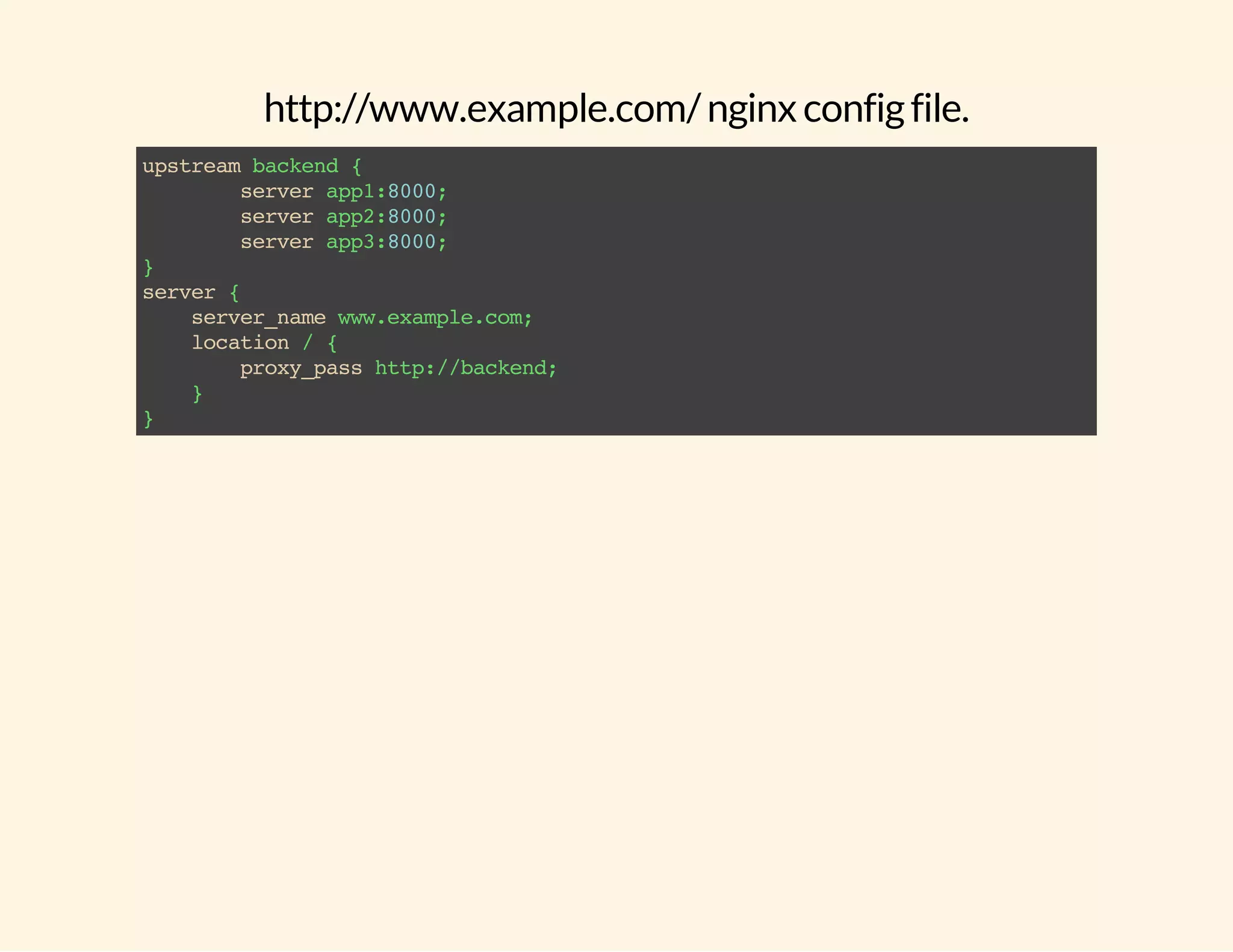 http://www.example.com/ nginx config file. upstream backend { server app1:8000; server app2:8000; server app3:8000; } server { server_name www.example.com; location / { proxy_pass http://backend; } } 