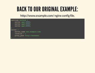 BACK TO OUR ORIGINAL EXAMPLE: 
http://www.example.com/ nginx config file. 
upstream backend { 
server app1:8000; 
server app2:8000; 
server app3:8000; 
} server { 
server_name www.example.com; 
location / { 
proxy_pass http://backend; 
} 
 