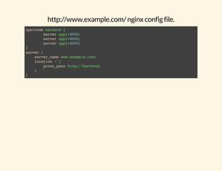 http://www.example.com/ nginx config file. 
upstream backend { 
server app1:8000; 
server app2:8000; 
server app3:8000; 
} server { 
server_name www.example.com; 
location / { 
proxy_pass http://backend; 
} 
} 
 