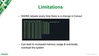 #nginx #nginxconf
• NGINX reloads every time there is a change in Consul
• Can lead to increased memory usage & eventually
overload the system
Limitations
 