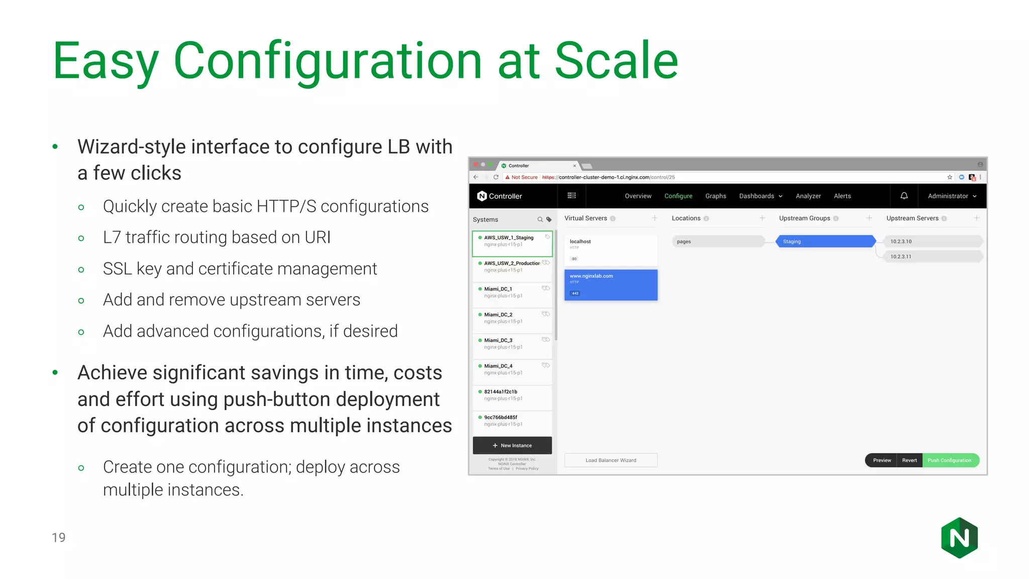 Easy Configuration at Scale • Wizard-style interface to configure LB with a few clicks ◦ Quickly create basic HTTP/S configurations ◦ L7 traffic routing based on URI ◦ SSL key and certificate management ◦ Add and remove upstream servers ◦ Add advanced configurations, if desired • Achieve significant savings in time, costs and effort using push-button deployment of configuration across multiple instances ◦ Create one configuration; deploy across multiple instances. 19 