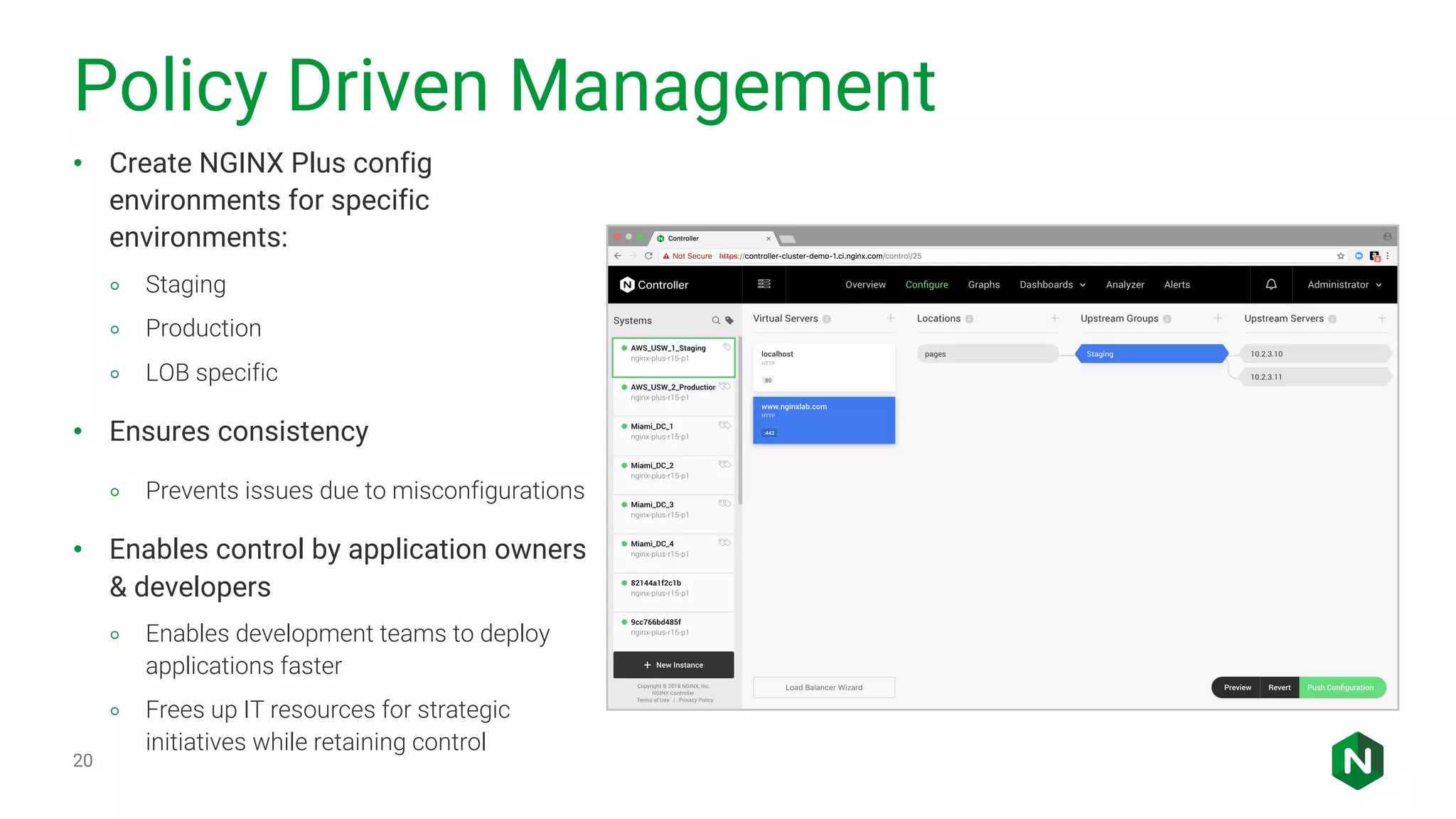 Policy Driven Management • Create NGINX Plus config environments for specific environments: ◦ Staging ◦ Production ◦ LOB specific • Ensures consistency ◦ Prevents issues due to misconfigurations • Enables control by application owners & developers ◦ Enables development teams to deploy applications faster ◦ Frees up IT resources for strategic initiatives while retaining control 20 