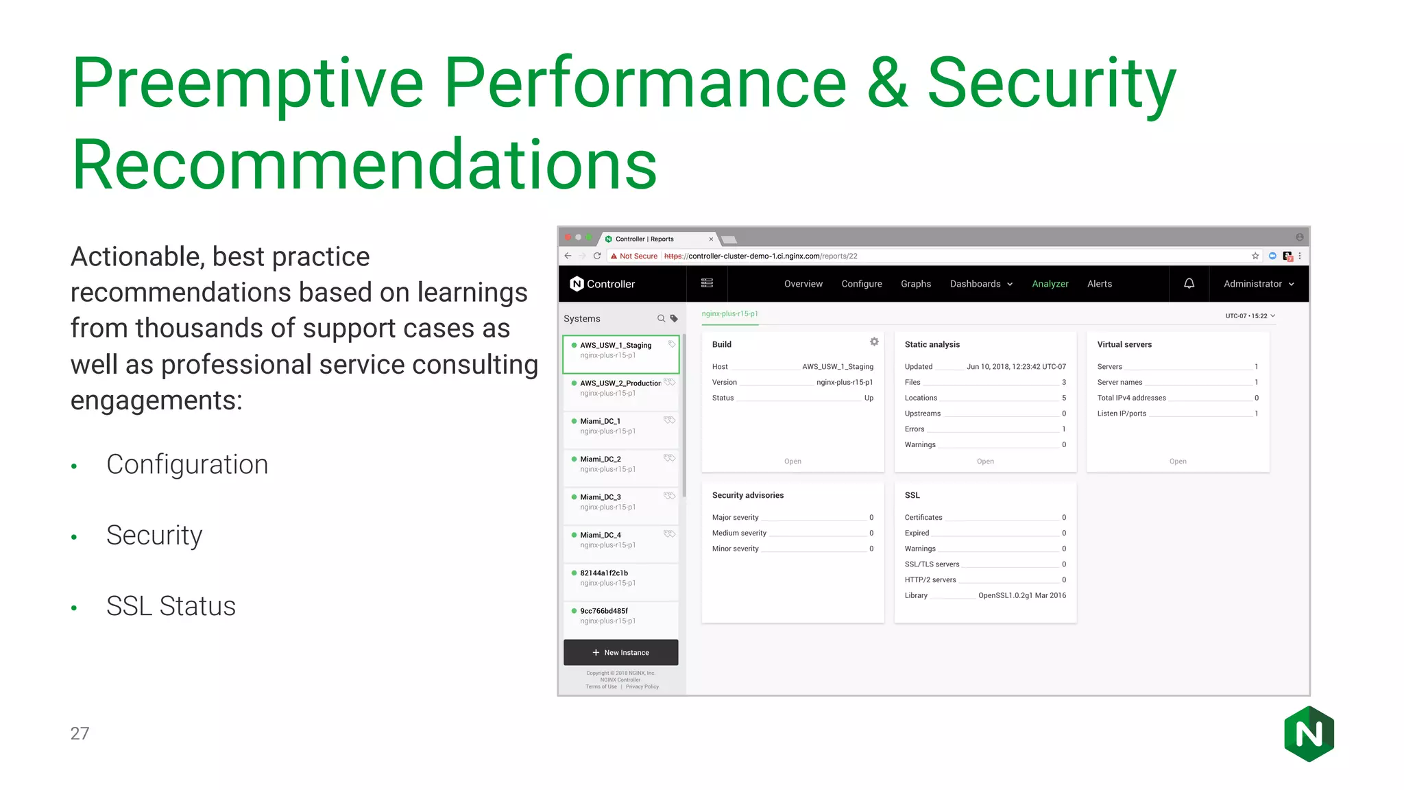 Preemptive Performance & Security Recommendations 27 Actionable, best practice recommendations based on learnings from thousands of support cases as well as professional service consulting engagements: • Configuration • Security • SSL Status 