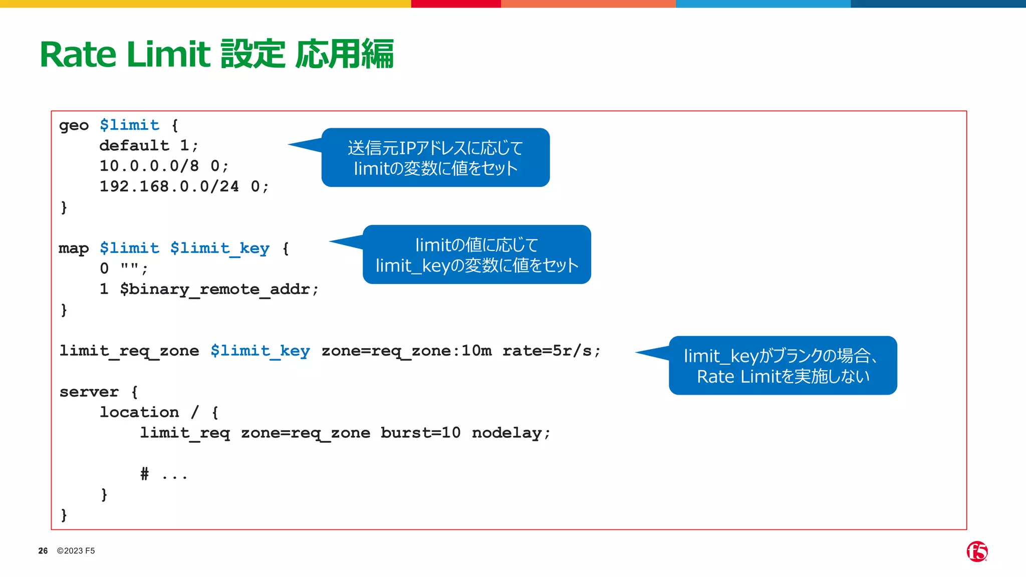 ©2023 F5
26
26
Rate Limit 設定 応用編
geo $limit {
default 1;
10.0.0.0/8 0;
192.168.0.0/24 0;
}
map $limit $limit_key {
0 "";
1 $binary_remote_addr;
}
limit_req_zone $limit_key zone=req_zone:10m rate=5r/s;
server {
location / {
limit_req zone=req_zone burst=10 nodelay;
# ...
}
}
送信元IPアドレスに応じて
limitの変数に値をセット
limitの値に応じて
limit_keyの変数に値をセット
limit_keyがブランクの場合、
Rate Limitを実施しない
 