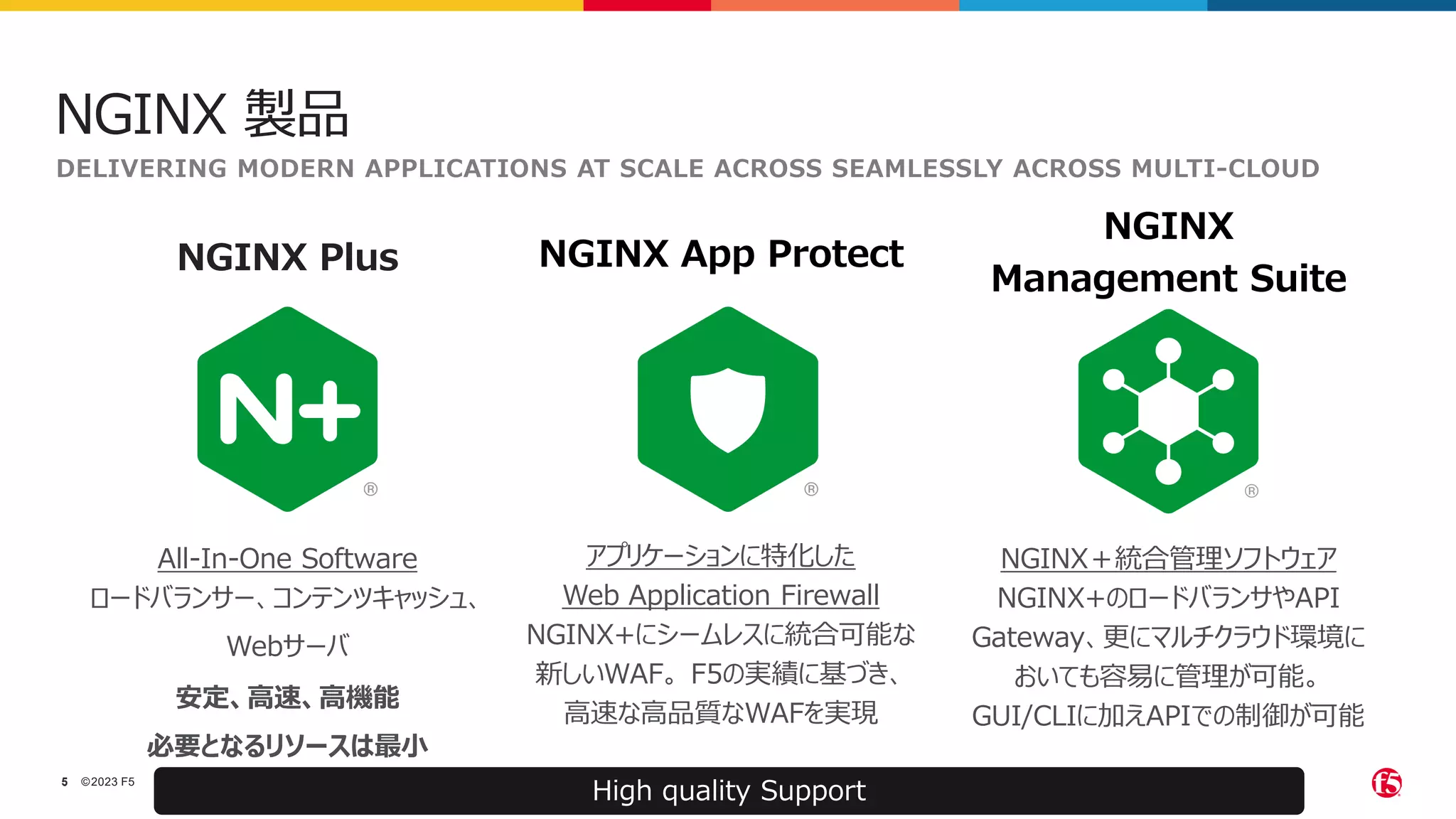 ©2023 F5
5
5
DELIVERING MODERN APPLICATIONS AT SCALE ACROSS SEAMLESSLY ACROSS MULTI-CLOUD
NGINX Plus
All-In-One Software
ロードバランサー、コンテンツキャッシュ、
Webサーバ
安定、高速、高機能
必要となるリソースは最小
NGINX
Management Suite
NGINX＋統合管理ソフトウェア
NGINX+のロードバランサやAPI
Gateway、更にマルチクラウド環境に
おいても容易に管理が可能。
GUI/CLIに加えAPIでの制御が可能
NGINX App Protect
アプリケーションに特化した
Web Application Firewall
NGINX+にシームレスに統合可能な
新しいWAF。 F5の実績に基づき、
高速な高品質なWAFを実現
High quality Support
NGINX 製品
 