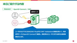 ©2023 F5
12
12
本日ご紹介する内容
OpenID Connect / JWT
Module2
ユーザからのアクセスをNGINX PlusがもつJWT Validationの機能を用いて、外部
認可サーバとOpenID Connectで連携し、認証済みのユーザに対する適切な接続制
御を行います。
認可サーバ
 
