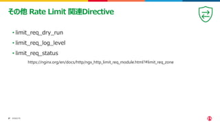 ©2023 F5
27
27
• limit_req_dry_run
• limit_req_log_level
• limit_req_status
その他 Rate Limit 関連Directive
https://nginx.org/en/docs/http/ngx_http_limit_req_module.html?#limit_req_zone
 