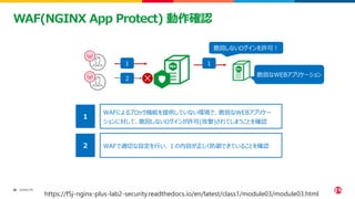 ©2023 F5
50
50
WAF(NGINX App Protect) 動作確認
脆弱なWEBアプリケーション
WAFによるブロック機能を提供していない環境で、脆弱なWEBアプリケー
ションに対して、意図しないログインが許可(攻撃)されてしまうことを確認
１
WAFで適切な設定を行い、１の内容が正しく防御できていることを確認
２
２
１ １
意図しないログインを許可！
https://f5j-nginx-plus-lab2-security.readthedocs.io/en/latest/class1/module03/module03.html
 