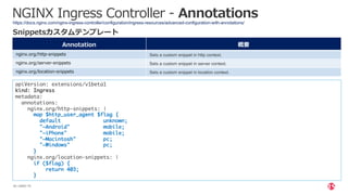 | ©2021 F5
45
NGINX Ingress Controller - Annotations
https://docs.nginx.com/nginx-ingress-controller/configuration/ingress-resources/advanced-configuration-with-annotations/
Annotation 概要
nginx.org/http-snippets Sets a custom snippet in http context.
nginx.org/server-snippets Sets a custom snippet in server context.
nginx.org/location-snippets Sets a custom snippet in location context.
Snippetsカスタムテンプレート
apiVersion: extensions/v1beta1
kind: Ingress
metadata:
annotations:
nginx.org/http-snippets: |
map $http_user_agent $flag {
default unknown;
"~Android" mobile;
"~iPhone" mobile;
"~Macintosh" pc;
"~Windows" pc;
}
nginx.org/location-snippets: |
if ($flag) {
return 403;
}
 