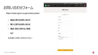 | ©2021 F5
54
お問い合わせフォーム
• 製品に関するお問い合わせ
• 購⼊に関するお問い合わせ
• 構成・設計に関するご相談
など
https://www.nginx.co.jp/contact-sales/
お気軽にお問い合わせください
CONFIDENTIAL
 
