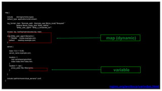 14
http {
include /etc/nginx/mime.types;
default_type application/octet-stream;
log_format main '$remote_addr - $remote_user [$time_local] "$request" '
'$status $body_bytes_sent "$http_referer" '
'"$http_user_agent" "$http_x_forwarded_for"';
access_log /var/log/nginx/access.log main;
map $http_user_agent $dynamic {
“~*Mobile” mobile.example.com;
default desktop.example.com;
}
server {
listen 10.0.1.10:80;
server_name example.com;
location / {
root /usr/share/nginx/html;
index index.html index.htm;
}
location ^~ /api {
proxy_pass http://$dynamic;
}
}
include /path/to/more/virtual_servers/*.conf;
}
nginx.org/en/docs/varindex.html
used later
dynamic variables
 