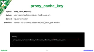 24
proxy_cache_valid
Documentation
location ~* .(jpg|png|gif|ico)$ {
...
proxy_cache_valid any 1d;
}
proxy_cache_valid [code ...] time;Syntax:
Default: -
Context: http, server, location
Deﬁnition: Sets caching time for different response codes.
 