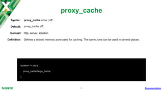 25
http {
proxy_cache_path /tmp/nginx/cache levels=1:2 keys_zone=cache:10m
max_size=100g inactive=7d use_temp_path=off;
...
server {
...
location / {
...
proxy_pass http://backend.com;
}
location ^~ /images {
...
proxy_cache cache;
proxy_cache_valid 200 301 302 12h;
proxy_pass http://images.origin.com;
}
}
}
Basic Caching
 