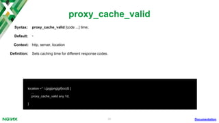 26
Client
NGINX Cache
Origin Server
Cache Memory Zone
(Shared across workers)
1. HTTP Request:
GET /images/hawaii.jpg
Cache Key: http://origin/images/hawaii.jpg
md5 hash: 51b740d1ab03f287d46da45202c84945
2. NGINX checks if hash exists in memory. If it does
not the request is passed to the origin server.
3. Origin server
responds
4. NGINX caches the response to disk
and places the hash in memory
5. Response is served to client
 