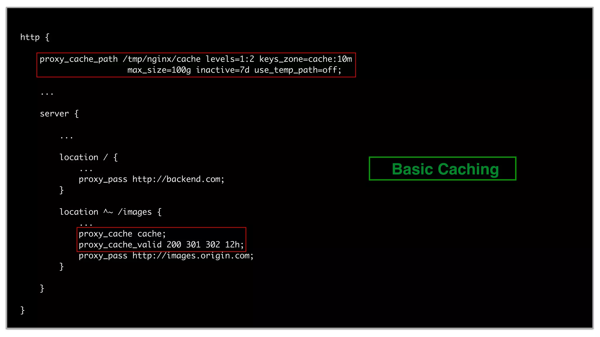 27 http { proxy_cache_path /tmp/nginx/cache levels=1:2 keys_zone=cache:10m max_size=100g inactive=7d use_temp_path=off; ... server { ... location / { ... proxy_pass http://backend.com; } location ^~ /images { ... proxy_cache cache; proxy_cache_valid 200 301 302 12h; proxy_pass http://images.origin.com; } } } Basic Caching 
