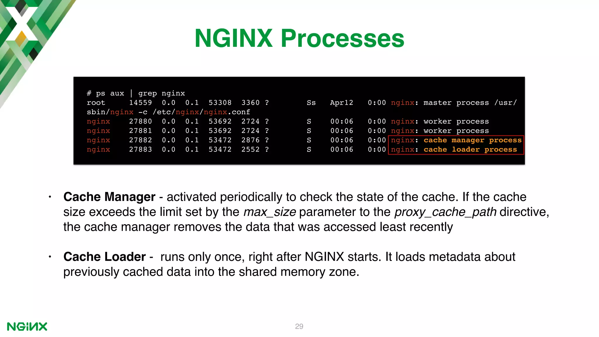 29 NGINX Processes # ps aux | grep nginx root 14559 0.0 0.1 53308 3360 ? Ss Apr12 0:00 nginx: master process /usr/ sbin/nginx -c /etc/nginx/nginx.conf nginx 27880 0.0 0.1 53692 2724 ? S 00:06 0:00 nginx: worker process nginx 27881 0.0 0.1 53692 2724 ? S 00:06 0:00 nginx: worker process nginx 27882 0.0 0.1 53472 2876 ? S 00:06 0:00 nginx: cache manager process nginx 27883 0.0 0.1 53472 2552 ? S 00:06 0:00 nginx: cache loader process • Cache Manager - activated periodically to check the state of the cache. If the cache size exceeds the limit set by the max_size parameter to the proxy_cache_path directive, the cache manager removes the data that was accessed least recently • Cache Loader - runs only once, right after NGINX starts. It loads metadata about previously cached data into the shared memory zone. 