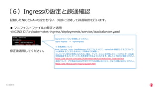 | ©2020 F5
15
（６）Ingressの設定と疎通確認
起動したNICとNAPの設定を⾏い、外部に公開して疎通確認を⾏います。
● マニフェストファイルの修正と適⽤
<NGINX DIR>/kubernetes-ingress/deployments/service/loadbalancer.yaml
修正後適⽤してください。
Nameからハイフンを削除してください。
nginx-ingress → nginxingress
※ 命名規則について
kind: Service、type: LoadBalancer のマニフェストにて、nameのみを指定してそこにハイフ
ンを使⽤することができません（7⽉時点での制限）。
もしハイフン等をご利⽤になられたい場合、アノテーションを利⽤してロードバランサーの名前
を別途指定することでハイフン等を使⽤できるようになります。詳しくは下記をご確認ください。
https://pfs.nifcloud.com/spec/kubernetes-service-hatoba/load_balancer.htm
本件について、ご不明点があれば下記ニフクラのお問い合わせページよりお問い合わせください。
https://pfs.nifcloud.com/inquiry/support.htm
 