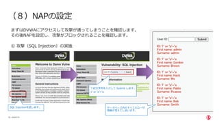 | ©2020 F5
25
（８）NAPの設定
まずはDVWAにアクセスして攻撃が通ってしまうことを確認します。
その後NAPを設定し、攻撃がブロックされることを確認します。
① 攻撃（SQL Injection）の実施
SQL Injectionを試します。
下記⽂字列を⼊⼒して Submit します。
1' or 'a'='a
データベース内のすべてのユーザ
情報が⾒えてしまいます。
 
