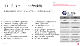 | ©2020 F5
32
（１０）チューニングの実施
具体的には下記のシグネチャセットがデフォルトで適⽤されています。
参考ページ
https://docs.nginx.com/nginx-app-
protect/configuration/#signature-sets-in-default-policy
• Command Execution Signatures
• Cross Site Scripting Signatures
• Directory Indexing Signatures
• Information Leakage Signatures
• OS Command Injection Signatures
• Path Traversal Signatures
• Predictable Resource Location
Signatures
• Remote File Include Signatures
• SQL Injection Signatures
• Authentication/Authorization
Attack Signatures
• XML External Entity (XXE)
Signatures
• XPath Injection Signatures
• Buffer Overflow Signatures
• Denial of Service Signatures
• Vulnerability Scanner Signatures
• High Accuracy Signatures
• All CVE Signatures
 